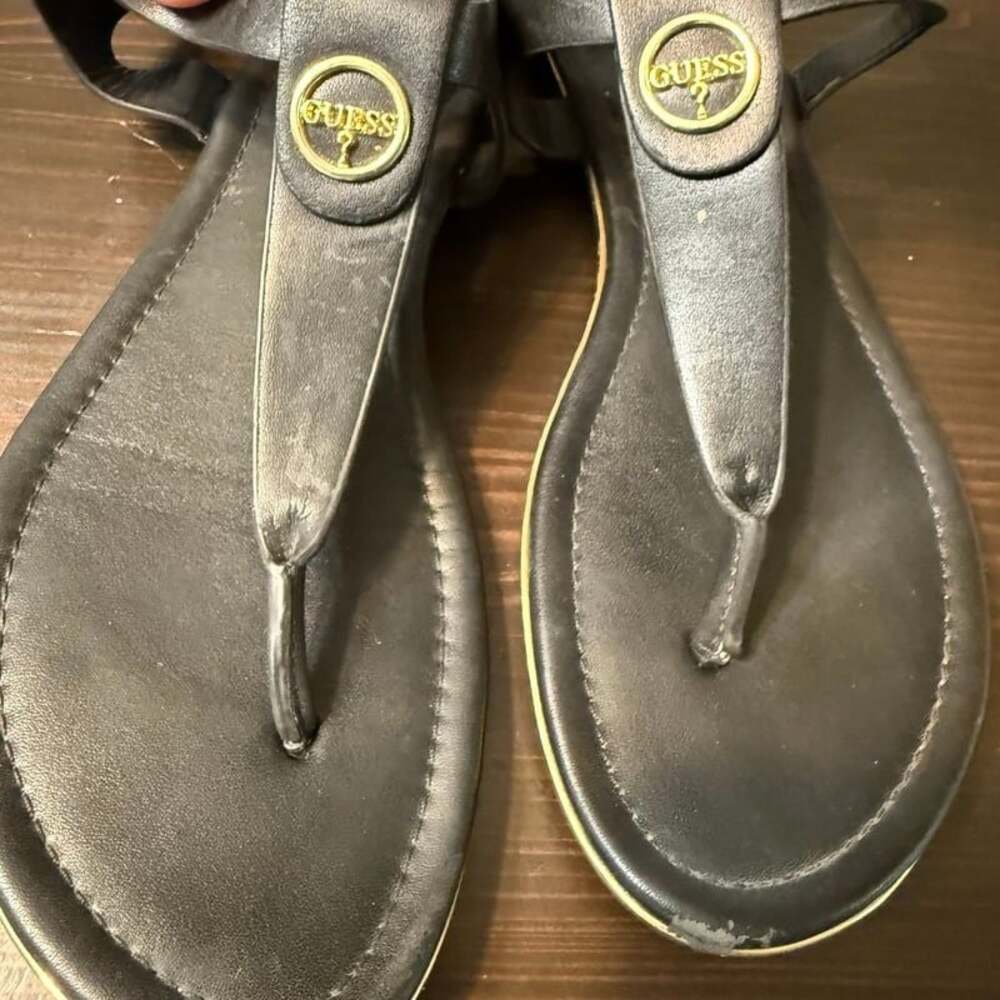Guess Rainey Thong Sandals in Black with Gold Logo